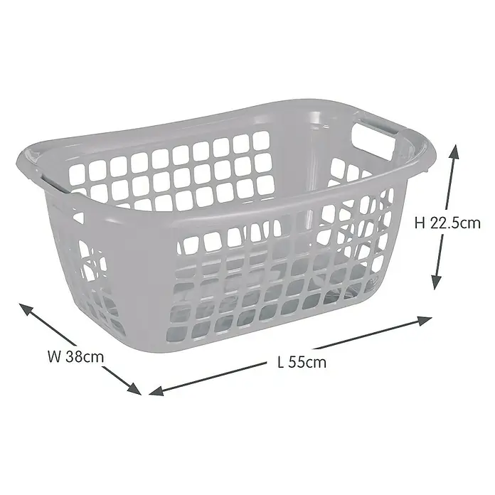 Sunware Wäschekorb Basic - L x B x H: 55 x 38 x 22,5 cm, Silber - Das Bild zeigt einen grauen Wäschekorb aus Kunststoff mit Abmessungen: Länge 55 cm, Breite 38 cm, Höhe 22,5 cm.