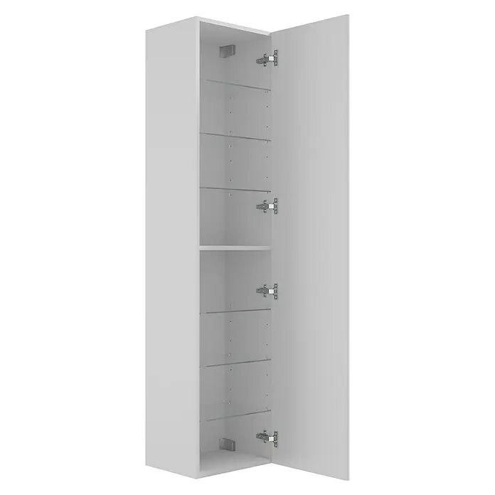 Camargue Espacio Hochschrank - 40 x 33 x 170 cm, Gama weiß matt - Ein weißer, offener Hochschrank mit mehreren Regalböden und silbernen Beschlägen. Der Schrank wirkt modern und minimalistisch.