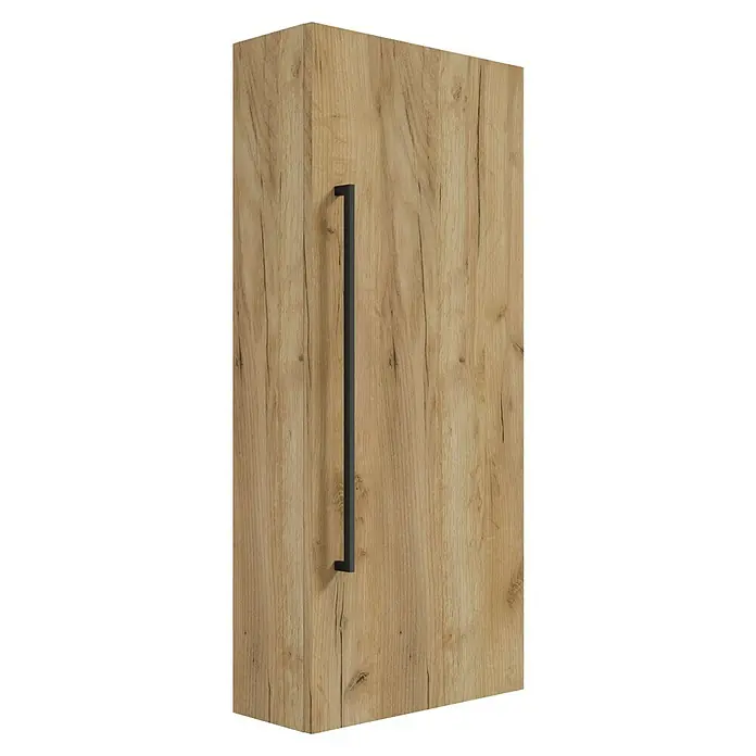 Camargue Espacio Hängeschrank - 40 x 17 x 90 cm, Farbe Griff: Schwarz, Doce - Nahaufnahme eines modernen Holzschranks mit einem schlanken, schwarzen Griff, der das natürliche Holzdesign ergänzt.