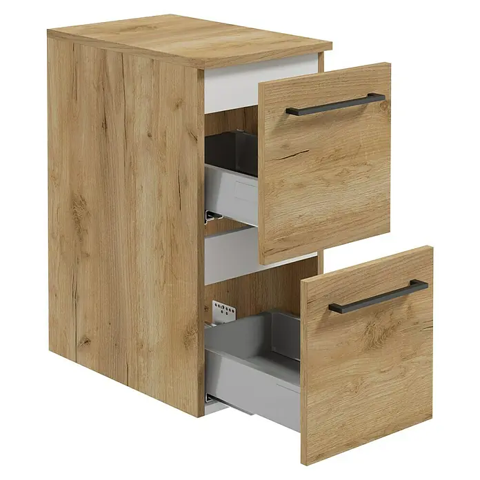 Camargue Espacio Unterschrank - 30 x 46 x 60 cm, Farbe Griff: Schwarz, Doce - Das Bild zeigt einen modernen Waschtischunterschrank in Holzoptik mit zwei offenen Schubladen und dunklen Griffen.