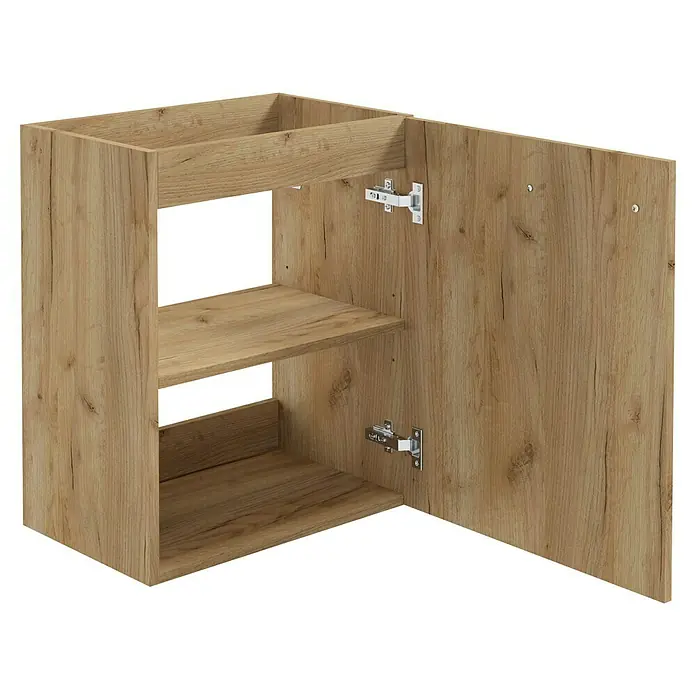 Camargue Espacio Waschtischunterschrank - 50 x 33 x 60 cm, Farbe Griff: Schwarz, Doce - Offener Küchenschrank aus Holz mit zwei Regalen und einer Tür mit Scharnieren vor schwarzem Hintergrund.