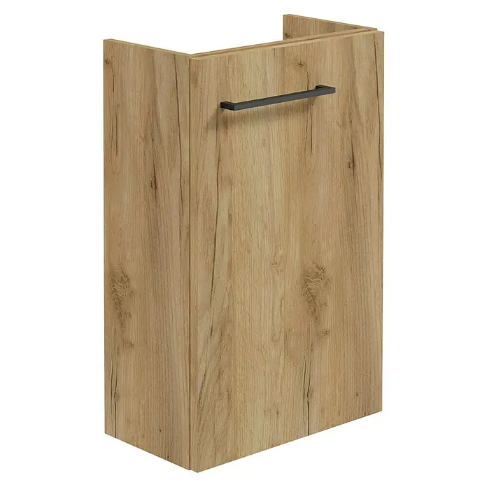 Camargue Espacio Waschtischunterschrank - 40 x 22 x 60 cm, Farbe Griff: Schwarz, Doce - Nahaufnahme eines Waschtischunterschranks in Holzoptik mit einem schlichten, dunklen Griff, der ein modernes und stilvolles Badezimmerdesign zeigt.