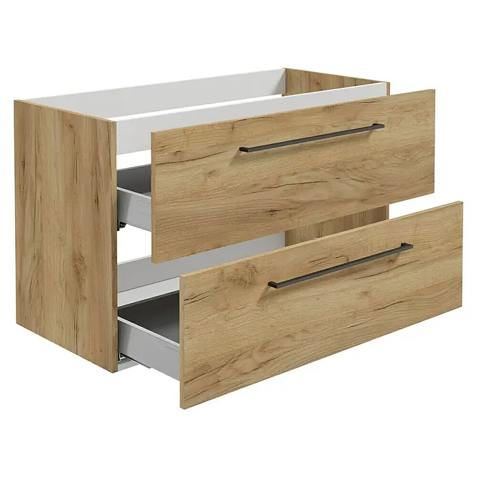 Camargue Espacio Waschtischunterschrank - 100 x 46 x 60 cm, Farbe Griff: Schwarz, 2 Schubkästen, Doce - Bild eines Waschtischunterschranks in Holzoptik mit zwei Schubladen und Griffen. Das Möbelstück hat eine moderne und praktische Gestaltung.