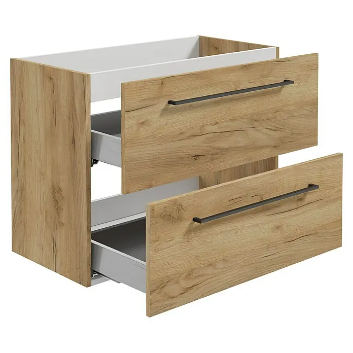 Camargue Espacio Waschtischunterschrank - 80 x 40 x 60 cm, Farbe Griff: Schwarz, 2 Schubkästen, Doce - Ein Waschbeckenunterschrank mit zwei Schubladen in Holzoptik und schwarzen Griffen. Das Möbelstück hat eine moderne Ausstrahlung.