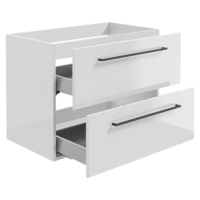 Camargue Espacio Waschtischunterschrank - 80 x 46 x 60 cm, Farbe Griff: Schwarz, 2 Schubkästen, Mira - Ein weißer Waschtischunterschrank mit zwei Schubladen und schlichten, schwarzen Griffen. Der Fokus liegt auf dem modernen Design des Möbelstücks.