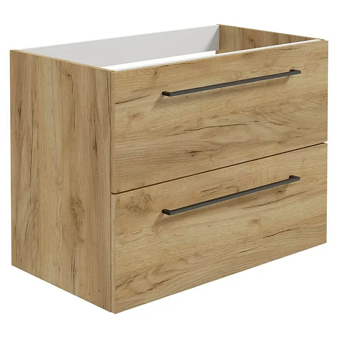 Camargue Espacio Waschtischunterschrank - 80 x 46 x 60 cm, Farbe Griff: Schwarz, 2 Schubkästen, Doce - Ein Waschtischunterschrank in Holzoptik mit zwei Schubladen und eleganten, dunklen Griffen. Ideal für moderne Badezimmer.