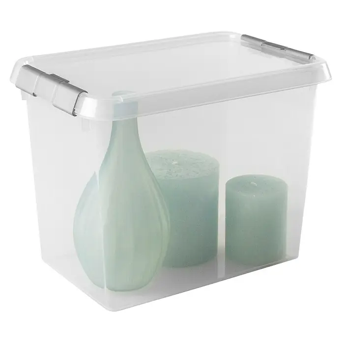 Sunware Aufbewahrungsbox-Set Comfort Line - L x B x H: 30,7 x 20 x 22,3 cm, Kunststoff, Transparent, 3 Stk. - Transparente Aufbewahrungsbox mit Deckel und hellblauer Vase und Kerzen darin, ideal für die Organisation und Lagerung von Gegenständen.