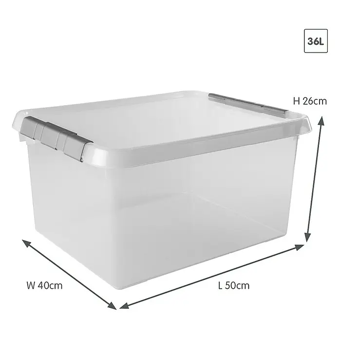 Sunware Aufbewahrungsbox-Set Comfort Line - L x B x H: 50 x 40 x 26 cm, Kunststoff, Transparent, 3 Stk. - Ein durchsichtiger 36L Aufbewahrungsbehälter aus Kunststoff mit grauem Deckel und den Maßen: Höhe 26cm, Breite 40cm, Länge 50cm.
