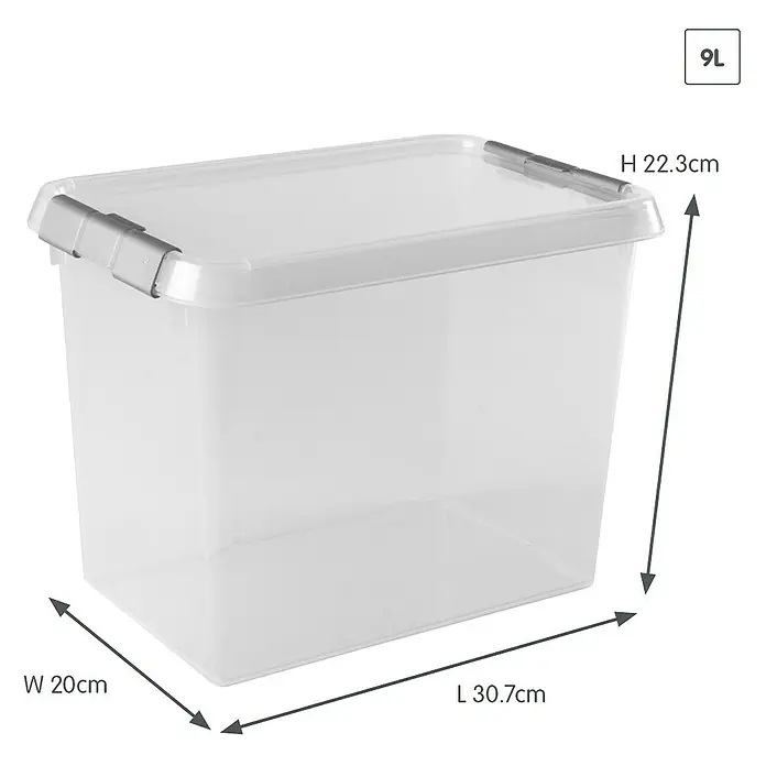Sunware Aufbewahrungsbox-Set Comfort Line - L x B x H: 30,7 x 20 x 22,3 cm, Kunststoff, Transparent, 3 Stk. - Abbildung einer transparenten 9L Aufbewahrungsbox mit Deckel und den Maßen: Höhe 22,3cm, Breite 20cm und Länge 30,7cm.