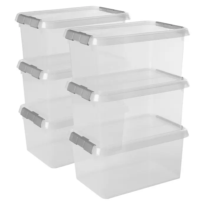 Sunware Aufbewahrungsbox-Set Comfort Line - L x B x H: 30 x 20 x 14 cm, Kunststoff, Transparent, 6 Stk. - Stapel aus transparenten Aufbewahrungsboxen mit grauen Verschlüssen, ideal zur Organisation von Gegenständen im Haushalt.