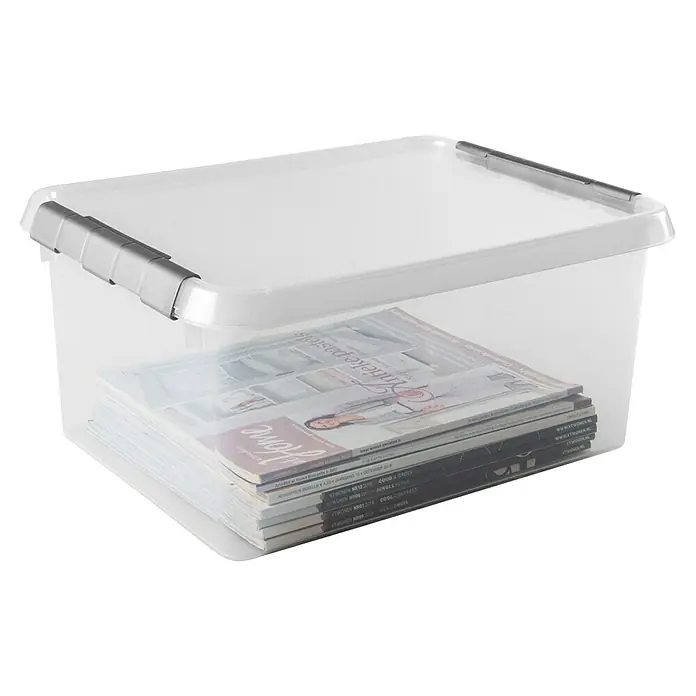 Sunware Aufbewahrungsbox-Set Comfort Line - L x B x H: 40 x 30 x 18 cm, Kunststoff, Transparent, 3 Stk. - Eine durchsichtige Aufbewahrungsbox mit Deckel und einigen Zeitschriften darin, ideal für die Lagerung und Organisation von Gegenständen.