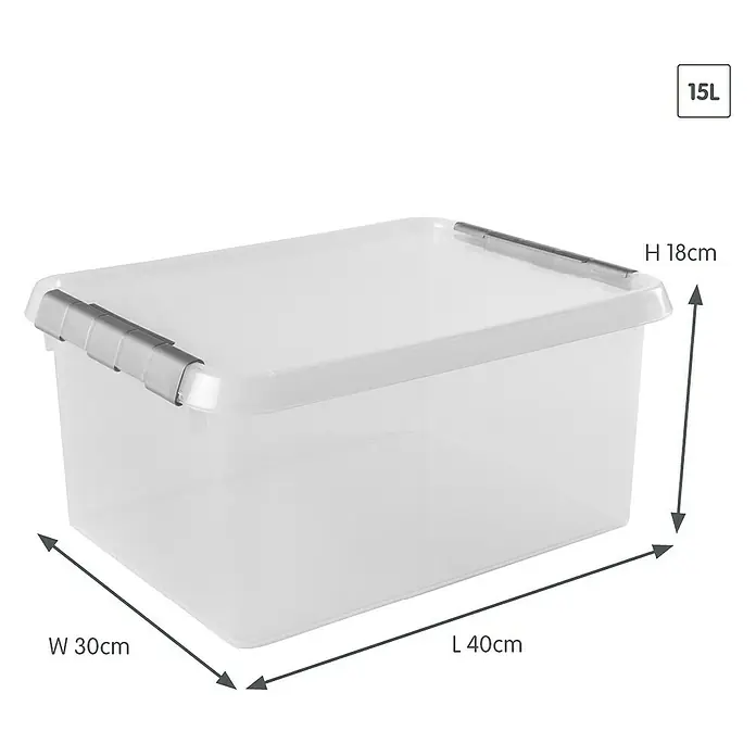 Sunware Aufbewahrungsbox-Set Comfort Line - L x B x H: 40 x 30 x 18 cm, Kunststoff, Transparent, 3 Stk. - Bild eines transparenten 15-Liter-Aufbewahrungsbehälters mit den Maßen 40x30x18 cm.