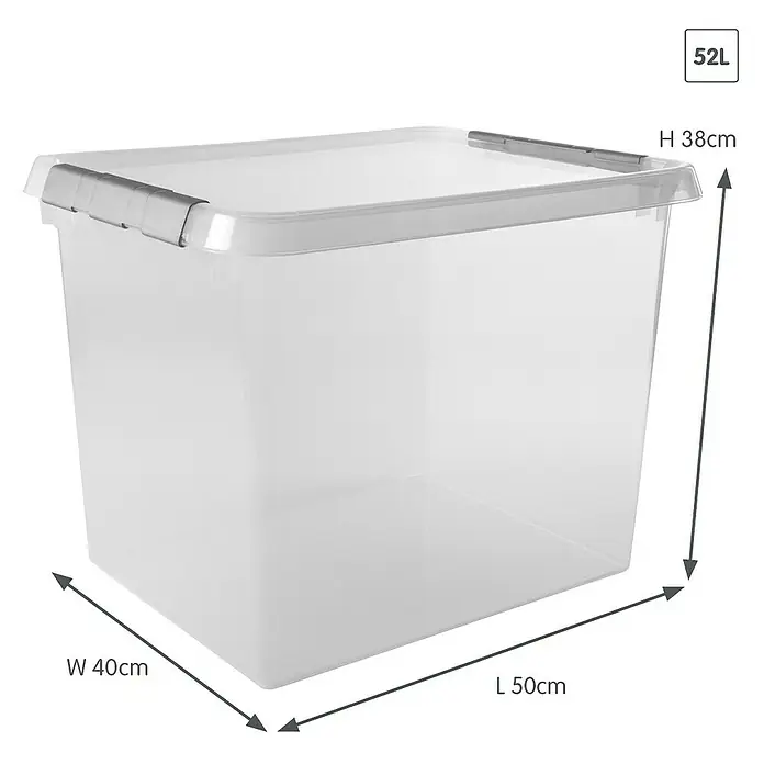 Sunware Aufbewahrungsbox-Set Comfort Line - L x B x H: 38 x 50 x 40 cm, Kunststoff, Transparent, 3 Stk. - Abbildung einer 52L-Aufbewahrungsbox aus Kunststoff mit den Maßen H 38cm, B 40cm und L 50cm.