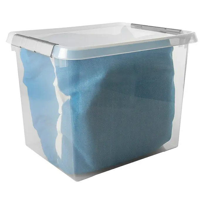 Sunware Set de cajas de almacenaje Comfort Line - L x An x Al: 38 x 50 x 40 cm, Plástico, Transparente, 6 ud. - Toma de una caja de almacenamiento de plástico transparente con tapa, llena de un material textil azul. Ideal para soluciones de almacenamiento.
