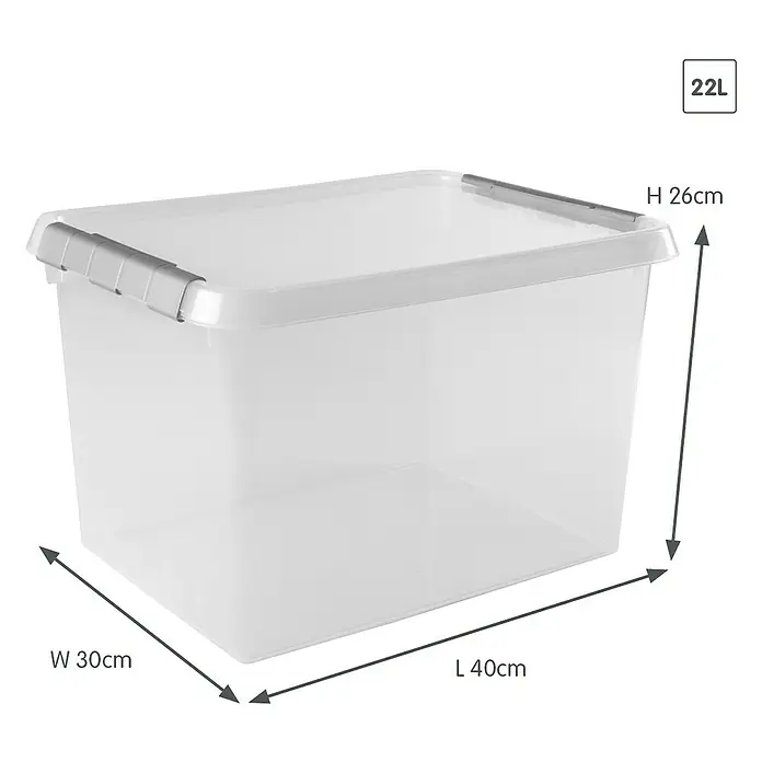 Sunware Aufbewahrungsbox-Set Comfort Line - L x B x H: 40 x 30 x 26 cm, Kunststoff, Transparent, 6 Stk. - Abbildung einer durchsichtigen 22L Aufbewahrungsbox mit den Maßen H 26cm, B 30cm und L 40cm für vielfältige Aufbewahrungszwecke.