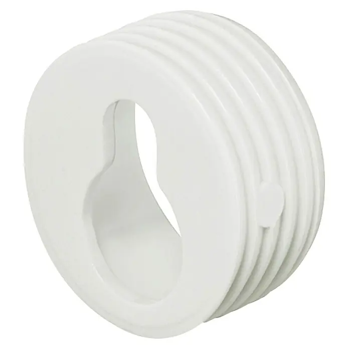 Suki Ojal de suspensión - 20 mm, Plástico - Primer plano de un soporte de pared blanco con una superficie acanalada y una abertura en forma de ojo de cerradura para facilitar su instalación.