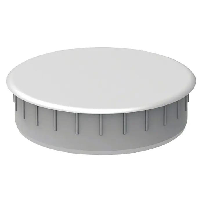 Suki Tapón embellecedor - Blanco, 35 mm - Un tapón de plástico gris claro con una superficie superior lisa y redonda y soportes verticales alrededor de su perímetro.