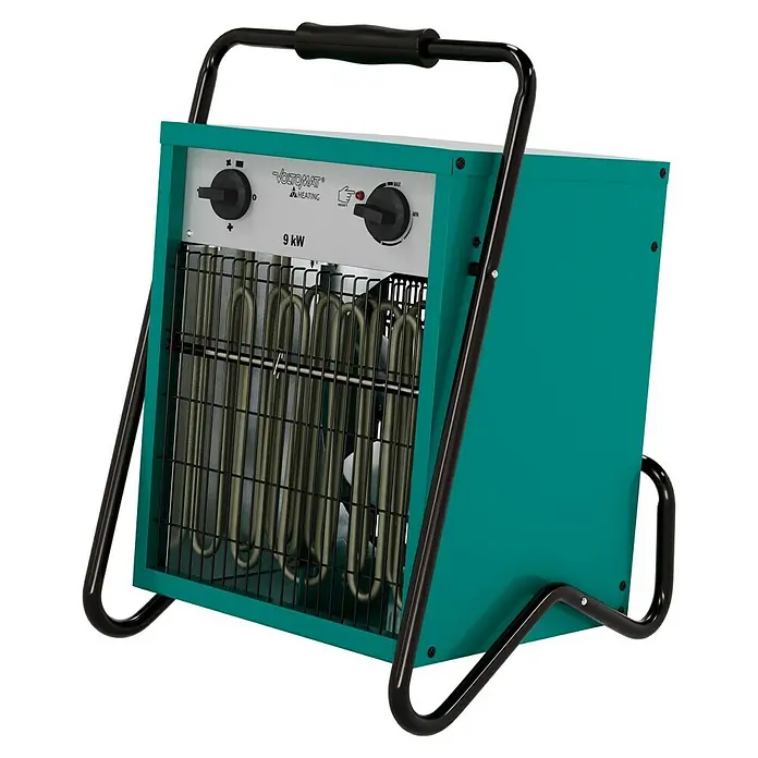 Voltomat HEATING Bauheizer - 4.500 W - 9.000 W, Nennspannung: 400 V, Grün/Schwarz, IP24 - Das Bild zeigt einen tragbaren VOLTOMAT 9kW Heizlüfter in Türkis und Schwarz. Er hat ein Gitter vorne und Bedienelemente oben.