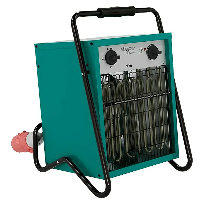 Voltomat HEATING Bauheizer - 4.500 W - 9.000 W, Nennspannung: 400 V, Grün/Schwarz, IP24 - Bild einer tragbaren VOLTOMAT Heizung mit 9 kW Leistung, ideal für Baustellen oder Werkstätten.