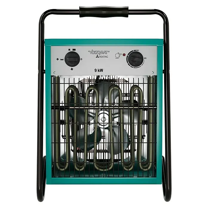 Voltomat HEATING Bauheizer - 4.500 W - 9.000 W, Nennspannung: 400 V, Grün/Schwarz, IP24 - Nahaufnahme eines Voltomaten 9 kW Heizlüfters mit schwenkbarem Griff und Schutzgitter für den sicheren Gebrauch.