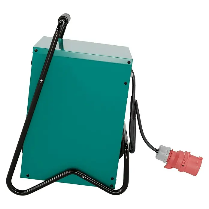 Voltomat HEATING Bauheizer - 4.500 W - 9.000 W, Nennspannung: 400 V, Grün/Schwarz, IP24 - Aufnahme eines tragbaren Transformators mit robustem Gehäuse und stabilem Tragegestell für den Baustelleneinsatz.