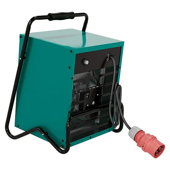 Voltomat HEATING Bauheizer - 4.500 W - 9.000 W, Nennspannung: 400 V, Grün/Schwarz, IP24 - Abbildung einer tragbaren Elektroheizung in blaugrüner Farbe mit schwarzem Griff und rotem Stecker.