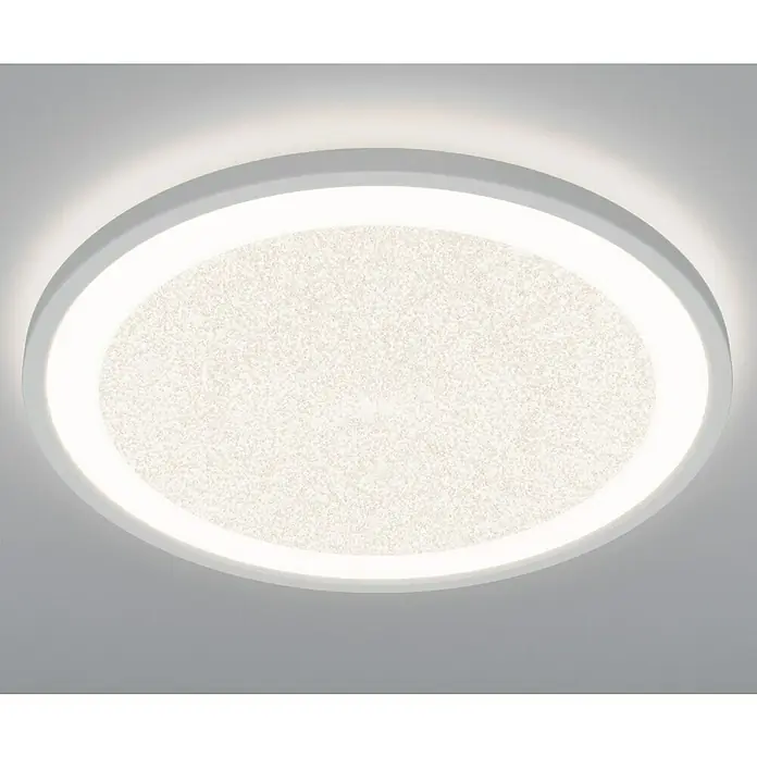 Brilliant LED-Deckenleuchte rund Tanida22 W, Ø x H: 29,5 x 2,5 cm, Weiß, Neutralweiß - Nahaufnahme einer runden, modernen LED-Deckenleuchte mit einem weißen Rahmen und einem diffusen Lichtpaneel.