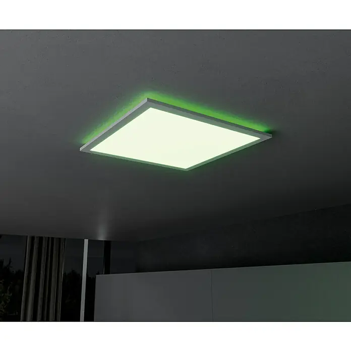 Brilliant LED-Deckenleuchte Tanida - 23 W, L x B x H: 42 x 42 x 2,6 cm, Weiß, RGBW, Eckig - Eine moderne, quadratische LED-Deckenleuchte mit grüner Ambientebeleuchtung, die ein stilvolles und energieeffizientes Lichtdesign bietet.
