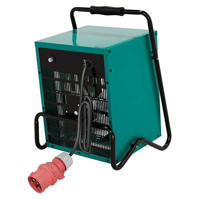 Voltomat HEATING Bauheizer - 4.500 W - 9.000 W, Nennspannung: 400 V, Grün/Schwarz, IP24 - Abbildung einer tragbaren elektrischen Heizung in blaugrün mit schwarzem Rahmen und rotem Stecker.
