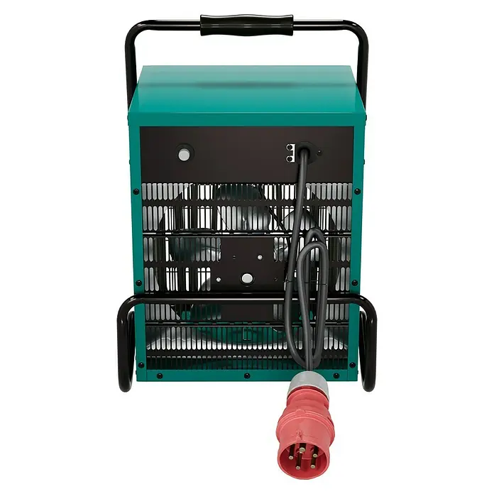 Voltomat HEATING Bauheizer - 4.500 W - 9.000 W, Nennspannung: 400 V, Grün/Schwarz, IP24 - Rückansicht eines tragbaren Elektroheizers in Grün mit schwarzem Kabel und rotem Stecker. Das Gerät hat einen Griff und Lüftungsgitter.