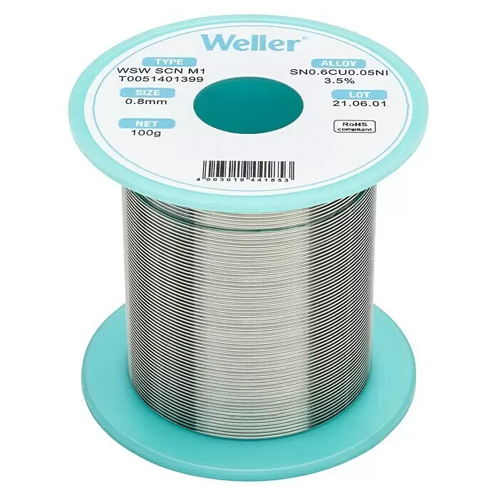 Weller Elektroniklot - Durchmesser: 0,8 mm, Gesamtstückzahl: 8 Stk. - Eine hellblaue Spule mit 0,8 mm silbernem Lötdraht, 100g Nettogewicht.