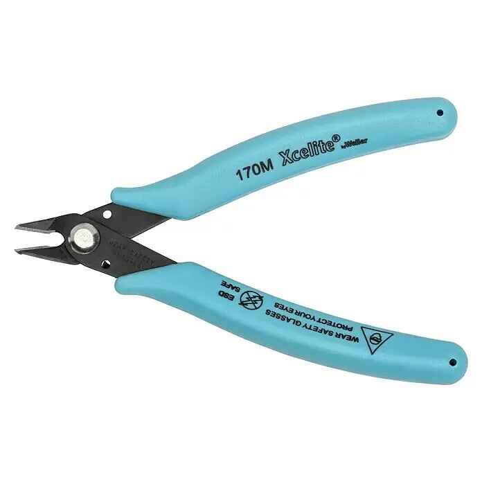 Weller Löt-Set WLPROESKEU1 - 12 -tlg. - Hellblaue Xcelite Weller 170M Seitenschneider mit ESD-sicheren Griffen und Sicherheitshinweisen.