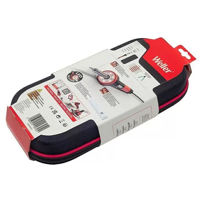 Weller Löt-Set WLPROESKEU1 - 12 -tlg. - Weller Lötkolben-Set in schwarzer/rosa Reißverschlusstasche, Verpackung zeigt LED Halo Ring und Spitzen.