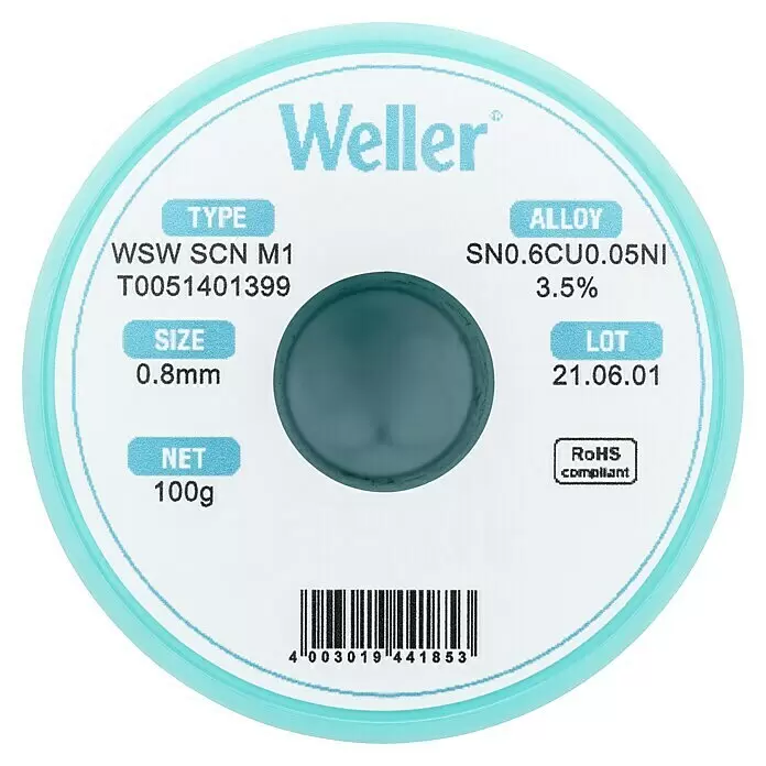 Weller Elektroniklot - Durchmesser: 0,8 mm, Gesamtstückzahl: 1 Stk. - Weller Lötdrahtspule mit hellblauem und weißem Etikett, das Produktdetails und einen Barcode zeigt.