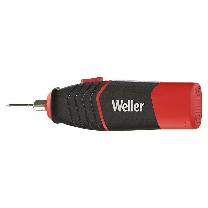 Weller Lötkolben WLIBA4 - Arbeitstemperatur: 460 °C - Schwarzer und roter Weller Akku-Lötkolben mit silberner Spitze.