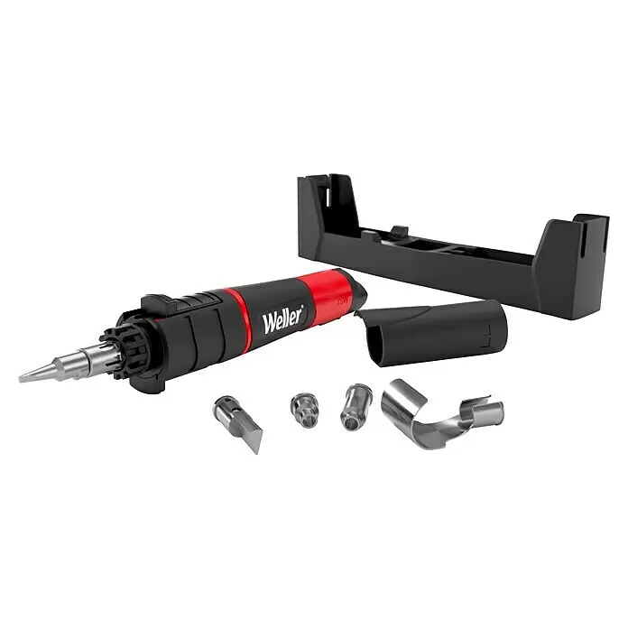 Weller Gaslötkolben-Set WLBUK75 - 9 -tlg., Arbeitstemperatur: 454 °C - Weller Gaslötkolben in Schwarz und Rot mit mehreren Metallspitzen, einer Schutzkappe und einem schwarzen Ständer.