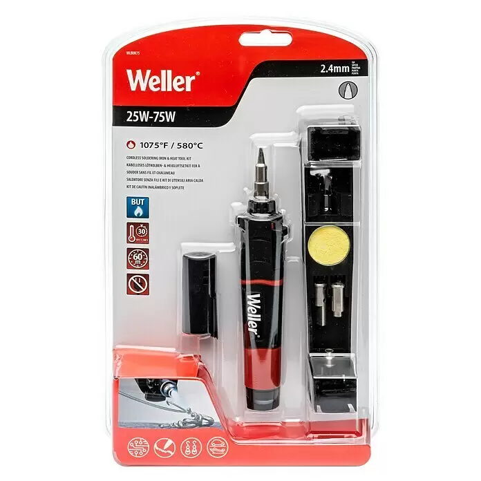 Weller Gaslötkolben-Set WLBUK75 - 9 -tlg., Arbeitstemperatur: 454 °C - Weller Akku-Lötkolben-Set mit schwarz-rotem Werkzeug, Spitzen und Schwamm.
