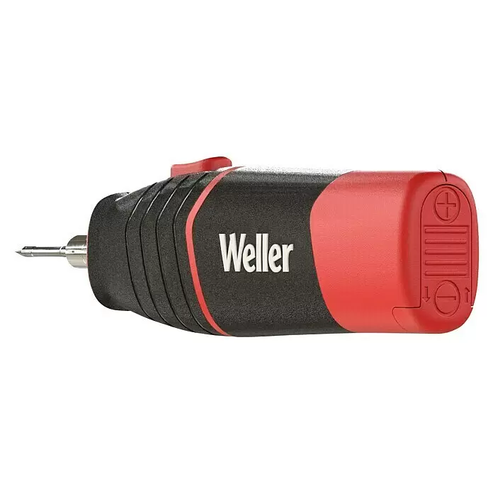 Weller Lötkolben WLIBA4 - Arbeitstemperatur: 460 °C - Weller Akku-Lötkolben mit schwarzem Gehäuse, rotem Griff und Metallspitze, mit Batterieanzeige.