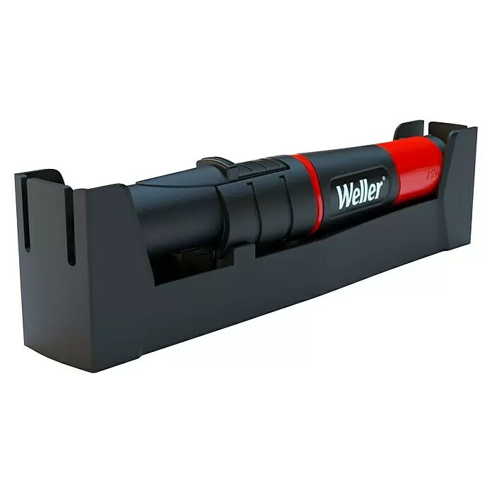 Weller Gaslötkolben-Set WLBUK75 - 9 -tlg., Arbeitstemperatur: 454 °C - Schwarzer Weller Lötkolben mit roten Akzenten, ruhend in einer passenden schwarzen Halterung.