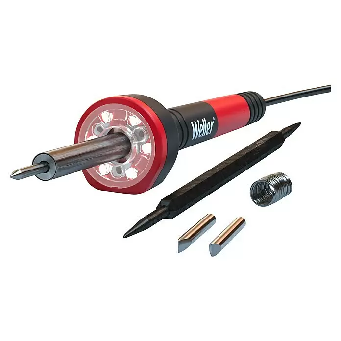 Weller Lötkolben-Set WLIRK3023C - 7 -tlg., Arbeitstemperatur: 427 °C, 30 W - Roter und schwarzer Weller Lötkolben mit beleuchteter Spitze, schwarzem Schaber, Lötzinn und zwei Ersatzspitzen.