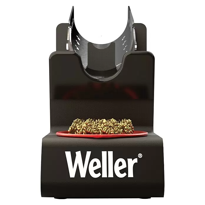 Weller Lötkolbenhalterung WLACCH1 - Geeignet für: Lötarbeiten - Schwarzer Weller Lötkolbenständer mit silberner Halterung und roter Schale mit Messingwolle zur Spitzenreinigung.