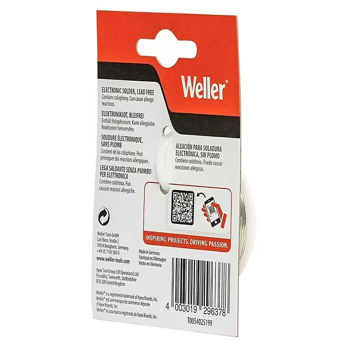 Weller Elektroniklot T0054025199N - Durchmesser: 1 mm, 100 g - Rote und weiße Weller bleifreie Elektroniklötverpackung mit einer Spule Lötdraht.