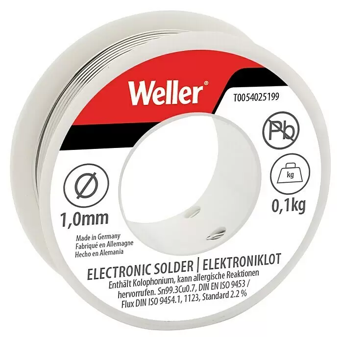 Weller Elektroniklot T0054025199N - Durchmesser: 1 mm, 100 g - Weller Elektroniklot auf Spule, 1,0mm Durchmesser, 0,1kg, bleifreie Sn99.3Cu0.7 Zusammensetzung.