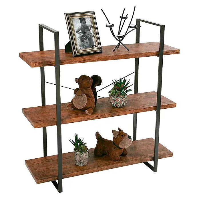 Versa Estantería de madera de 3 baldas - Al x An x Pr: 104 x 100 x 33 cm, Atornillado, Marrón - Estantería de tres niveles con estantes de madera y un elegante marco de metal negro, decorada con elementos decorativos.