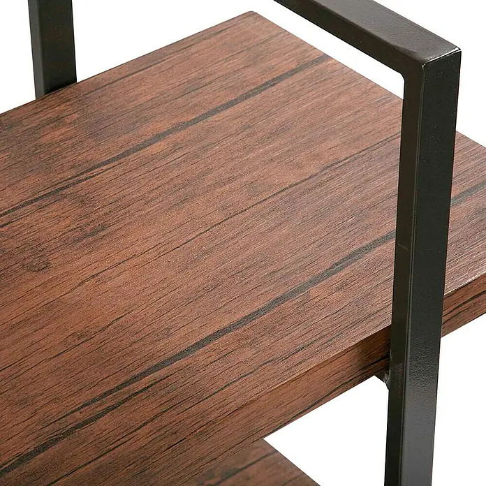 Versa Estantería de madera de 3 baldas - Al x An x Pr: 104 x 100 x 33 cm, Atornillado, Marrón - Primer plano de una estantería marrón con estructura de metal negro. La estantería presenta una bonita veta de madera y una construcción robusta.