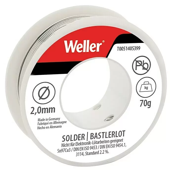 Weller Bastlerlot - 70 g, Geeignet für: Lötarbeiten, Durchmesser: 2 mm - Weller Bastellötdraht, 2,0mm, 70g, Sn97Cu3, bleifrei. Nicht für Elektronik geeignet.