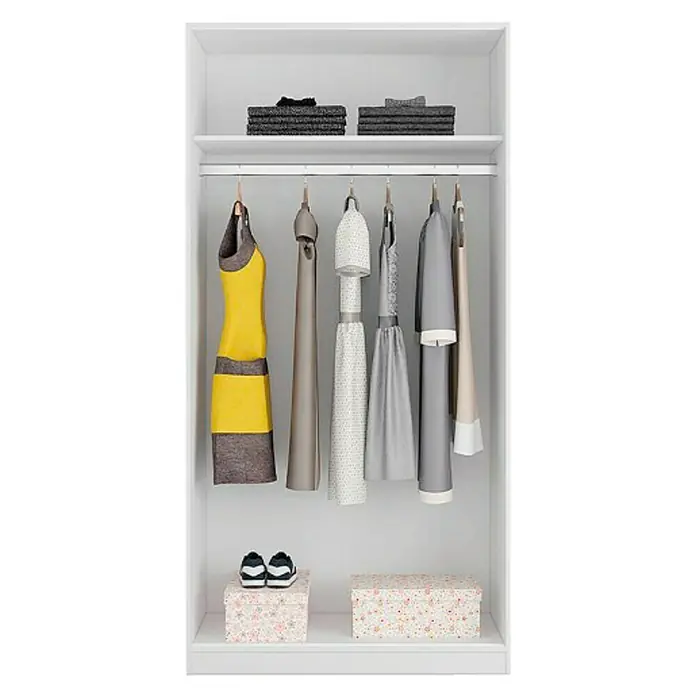 Armario de puertas correderas Max - L x An x Al: 50 x 100 x 200 cm, Blanco - Un armario blanco bien organizado con ropa colgada, zapatos y cajas de almacenamiento, que proporciona una solución de almacenamiento ordenada.