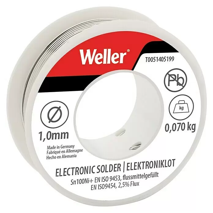 Weller Elektroniklot - Durchmesser: 1 mm, 70 g - Weller Elektroniklotdrahtspule, Sn100Ni+, 1,0mm Durchmesser, 0,070 kg, mit 2,5% Flussmittel. Bleifrei.