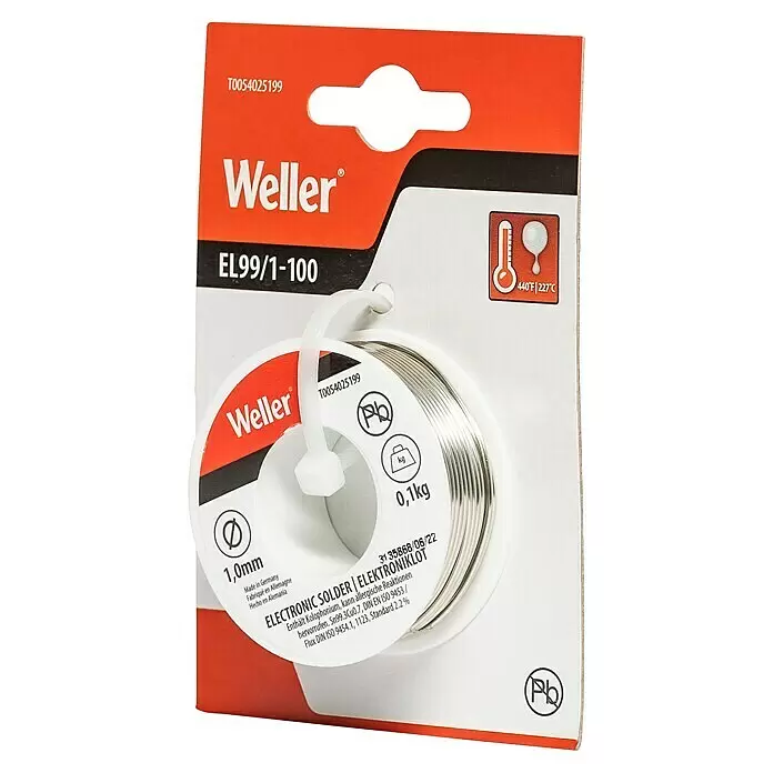 Weller Elektroniklot T0054025199N - Durchmesser: 1 mm, 100 g - Weller Elektroniklötdraht (1,0mm, 0,1kg) auf einer Spule, verpackt auf einer rot-weißen Verkaufskarte.