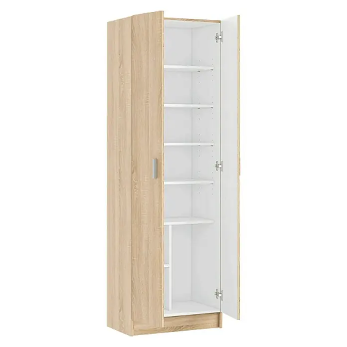 Armario multiusos de madera 7146F - L x An x Al: 37 x 59 x 180 cm, Roble - Un armario espacioso con aspecto de madera clara, con una puerta abierta que revela estantes interiores blancos. Ideal para almacenamiento.